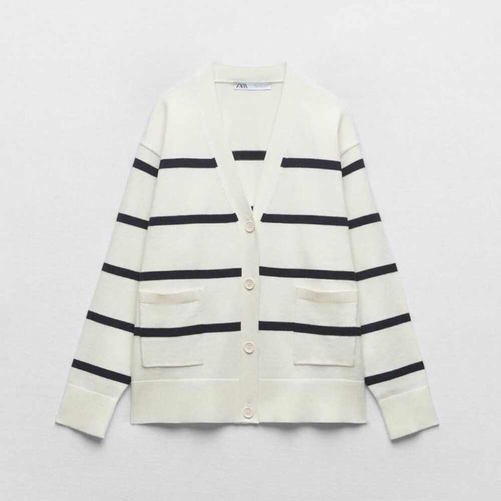 NWT Zara Cardigan White Ivory Black Striped Neutral Small Classic